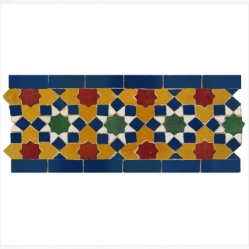 Mosaic House Moroccan tile Tarceeh 8-15-10-7-1 Ochre Cobalt Blue Green Red White  zellige, mosaic, zellij, border, glaze, traditional, intricate, stars, star 